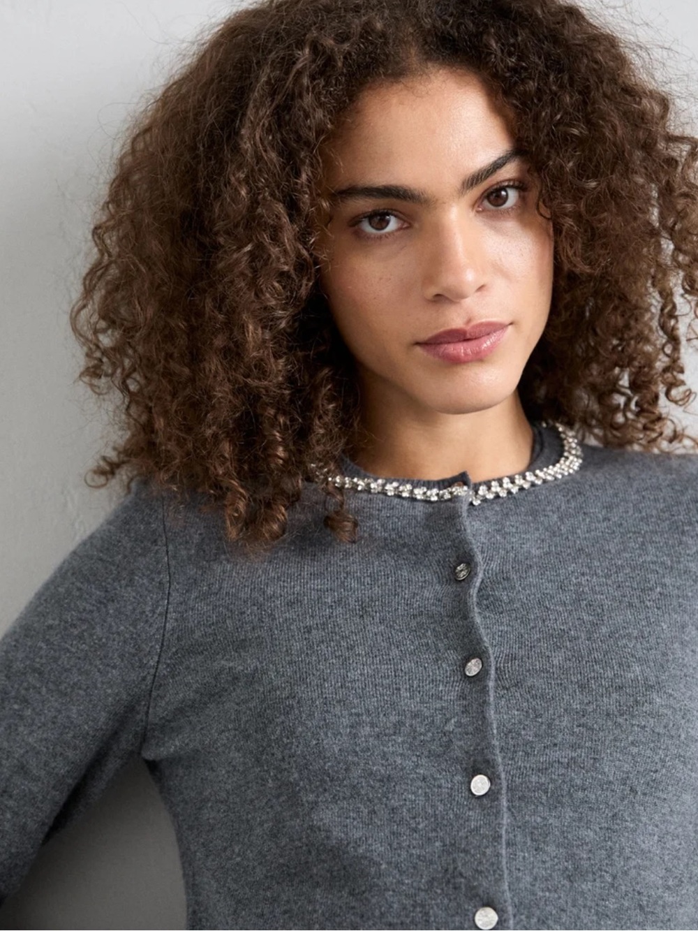MAJE Grey Jeweled Neck cashmere and wool Sweater